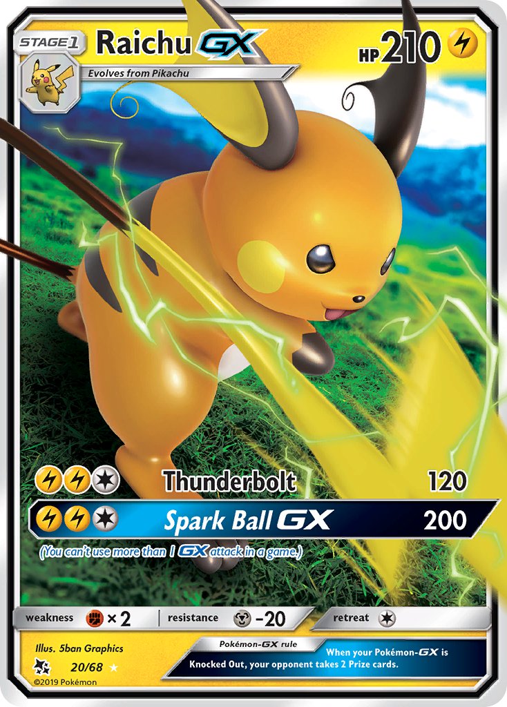 Raichu GX | Hidden Fates | Sun & Moon | 20/68 | New Mint | Rare Holo GX