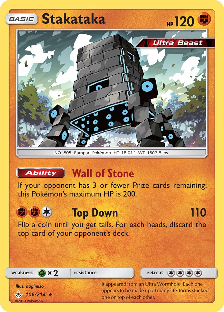 Stakataka | Unbroken Bonds | Sun & Moon | 106/214 | New Mint | Rare Holo