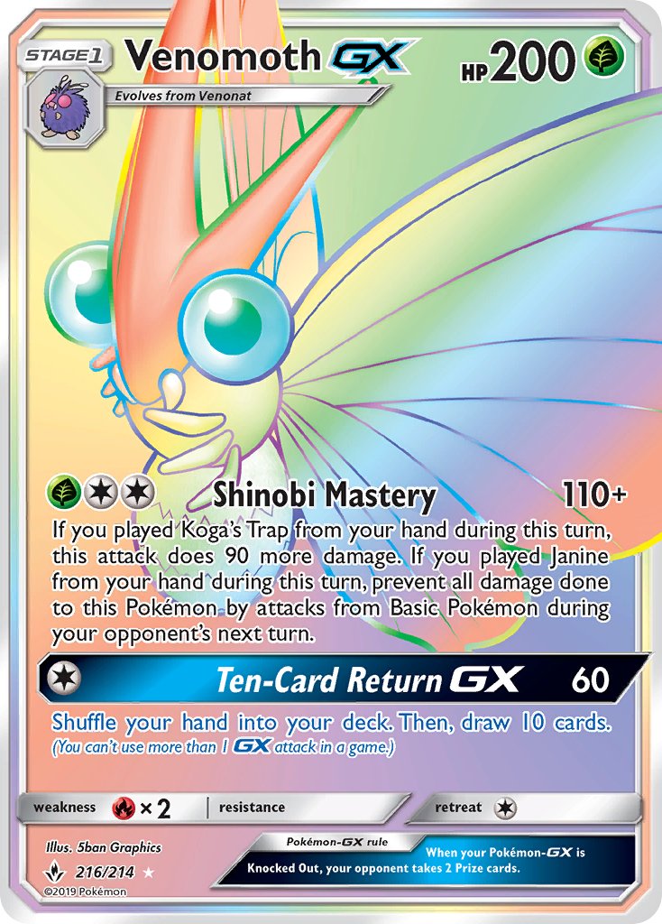 Venomoth GX | Unbroken Bonds | Sun & Moon | 216/214 | New Mint | Rainbow Rare