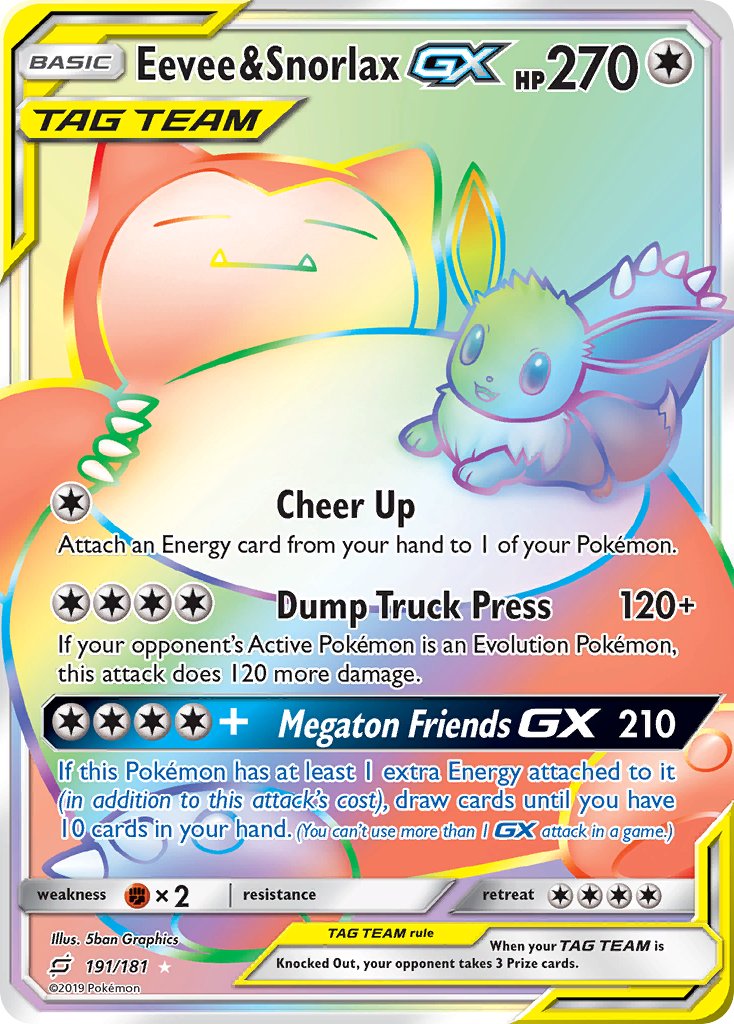 Eevee & Snorlax GX | Team Up | Sun & Moon | 191/181 | New Mint | Rainbow Rare
