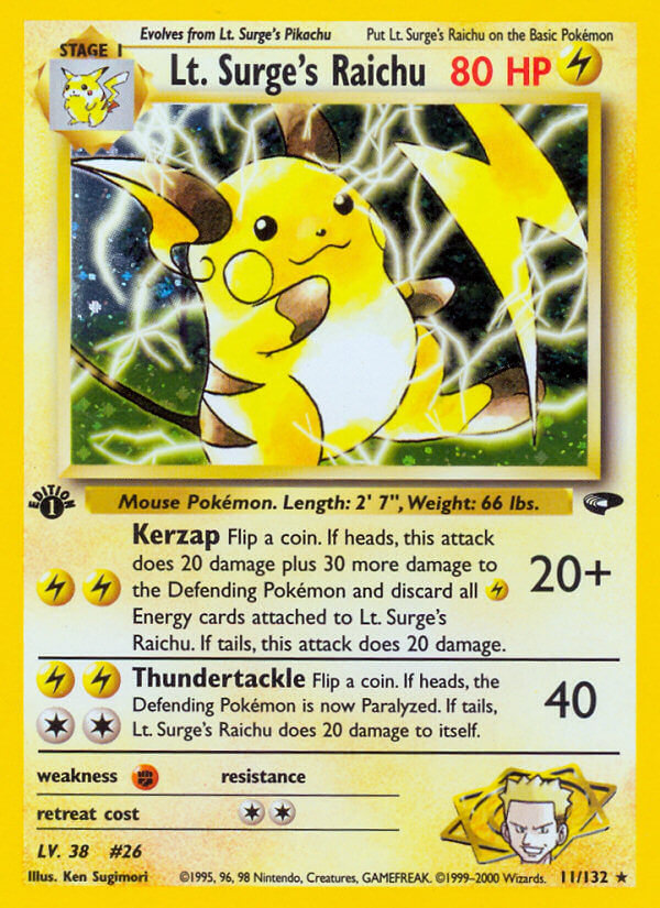 Lt. Surge’s Raichu | Gym Challenge | Gym | 11/132 | New Mint | Rare Holo