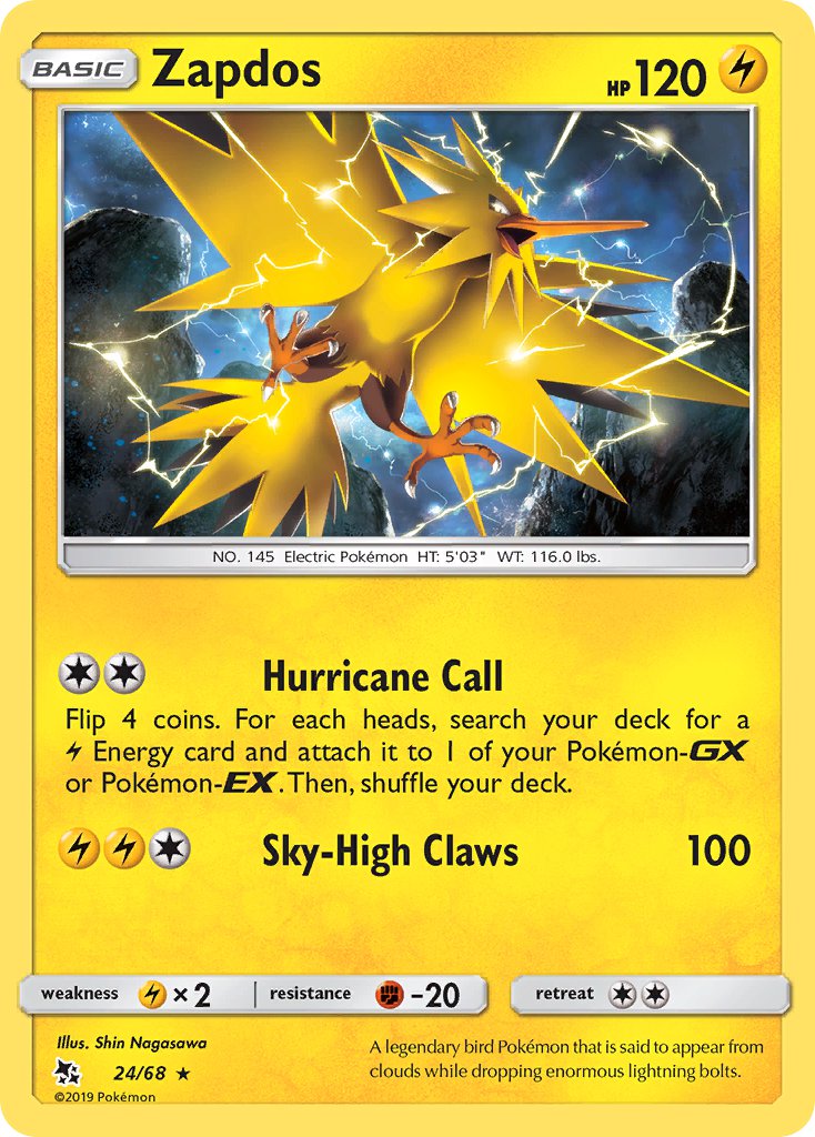 Zapdos | Hidden Fates | Sun & Moon | 24/68 | New Mint | Rare Holo