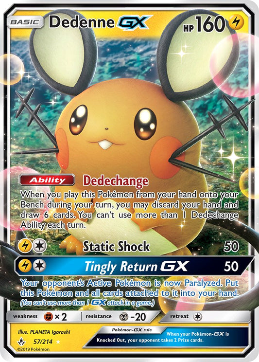 Dedenne GX | Unbroken Bonds | Sun & Moon | 57/214 | New Mint | Rare Holo GX