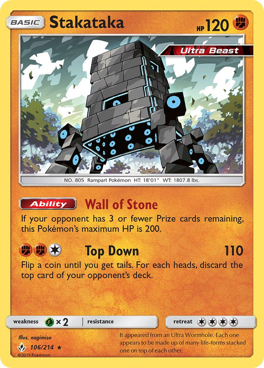 Stakataka | Unbroken Bonds | Sun & Moon | 106/214 | New Mint | Rare Holo