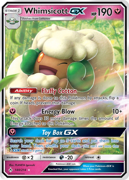 Whimsicott GX | Unbroken Bonds | Sun & Moon | 140/214 | New Mint | Rare Holo GX