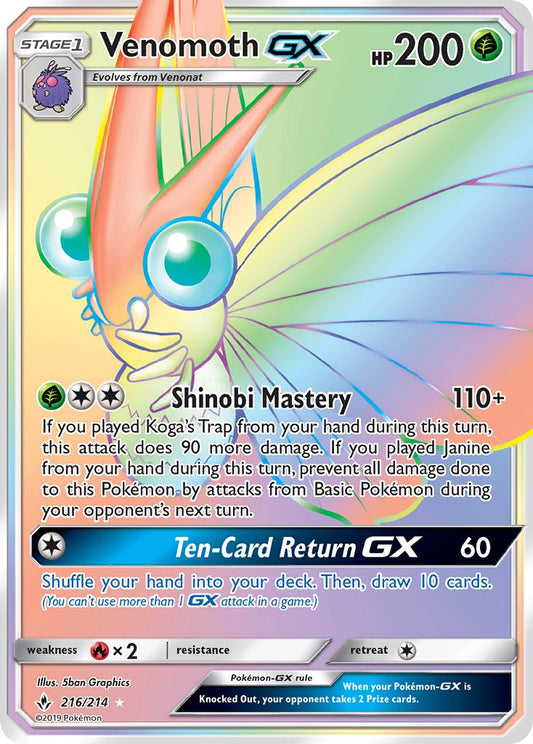Venomoth GX | Unbroken Bonds | Sun & Moon | 216/214 | New Mint | Rainbow Rare