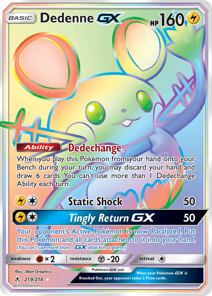 Dedenne GX | Unbroken Bonds | Sun & Moon | 219/214 | New Mint | Rainbow Rare