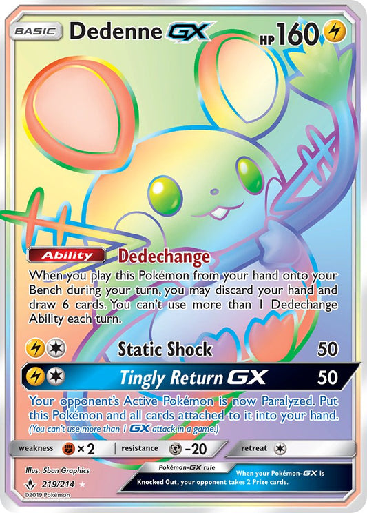 Dedenne GX | Unbroken Bonds | Sun & Moon | 219/214 | New Mint | Rainbow Rare