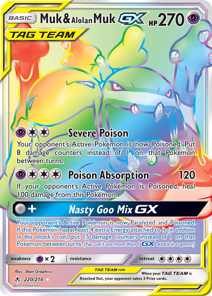 Muk & Alolan Muk GX | Unbroken Bonds | Sun & Moon | 220/214 | New Mint | Rainbow Rare