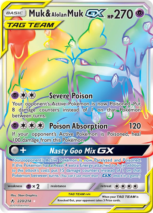 Muk & Alolan Muk GX | Unbroken Bonds | Sun & Moon | 220/214 | New Mint | Rainbow Rare