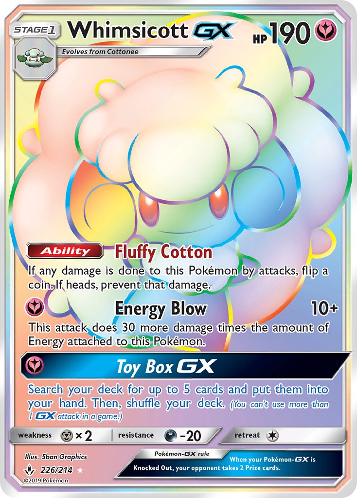 Whimsicott GX | Unbroken Bonds | Sun & Moon | 226/214 | New Mint | Rainbow Rare