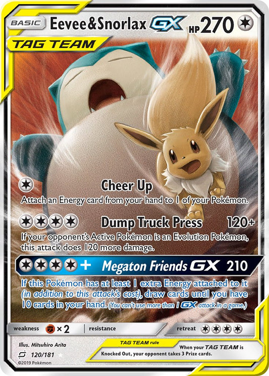 Eevee & Snorlax GX | Team Up | Sun & Moon | 120/181 | New Mint | Rare Holo GX