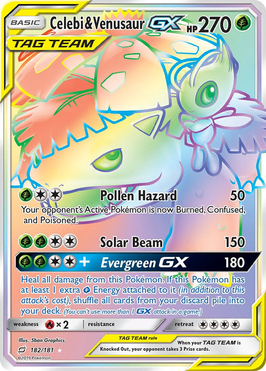 Celebi & Venusaur GX | Team Up | Sun & Moon | 182/181 | New Mint | Rainbow Rare