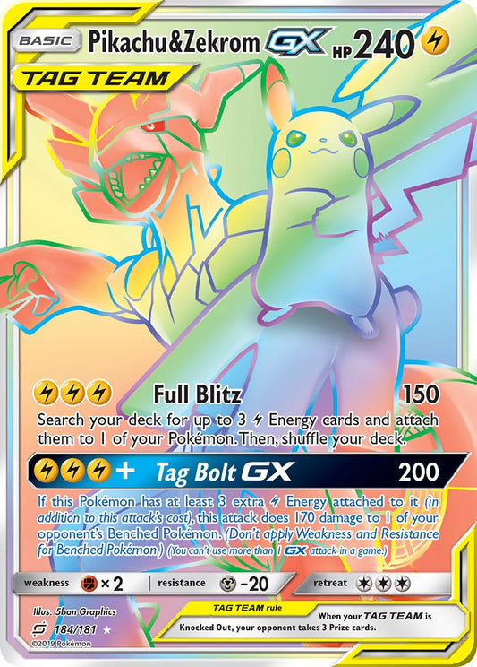 Pikachu & Zekrom GX | Team Up | Sun & Moon | 184/181 | New Mint | Rainbow Rare
