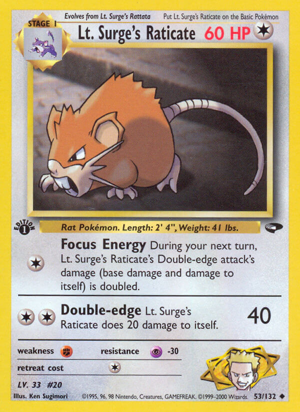 Lt. Surge’s Raticate | Gym Challenge | Gym | 53/132 | New Mint | Uncommon