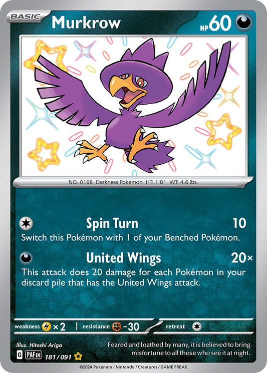Murkrow | Paldean Fates | Scarlet & Violet | 181/91 | New Mint | Shiny Rare