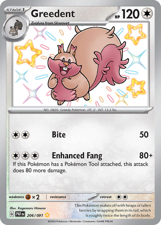 Greedent | Paldean Fates | Scarlet & Violet | 206/91 | New Mint | Shiny Rare